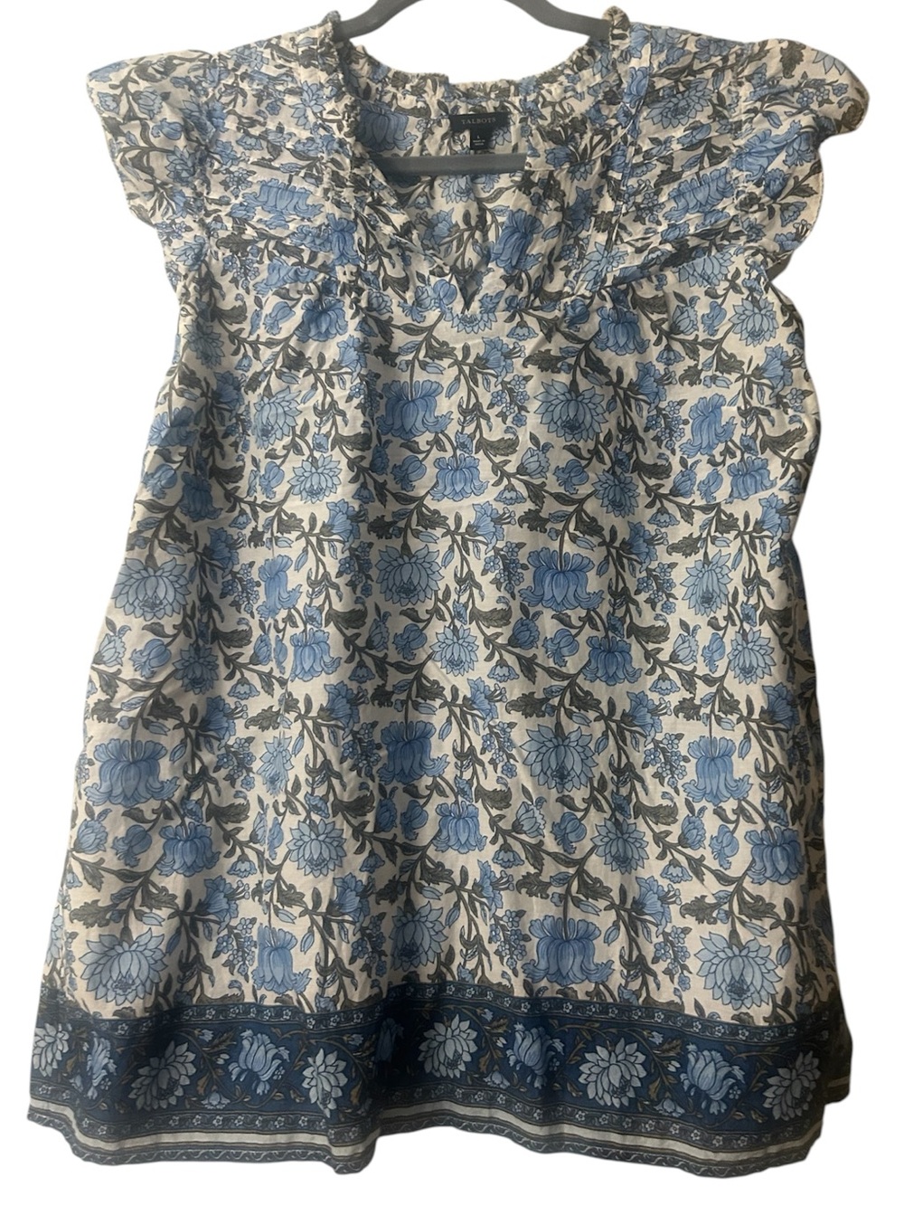 Talbots Blue & White Floral Flutter Cap-Sleeve Cotton Top